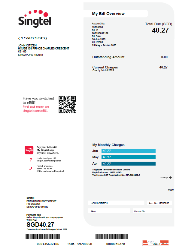 Singapore Singtel utility bill template in Word and PDF formats